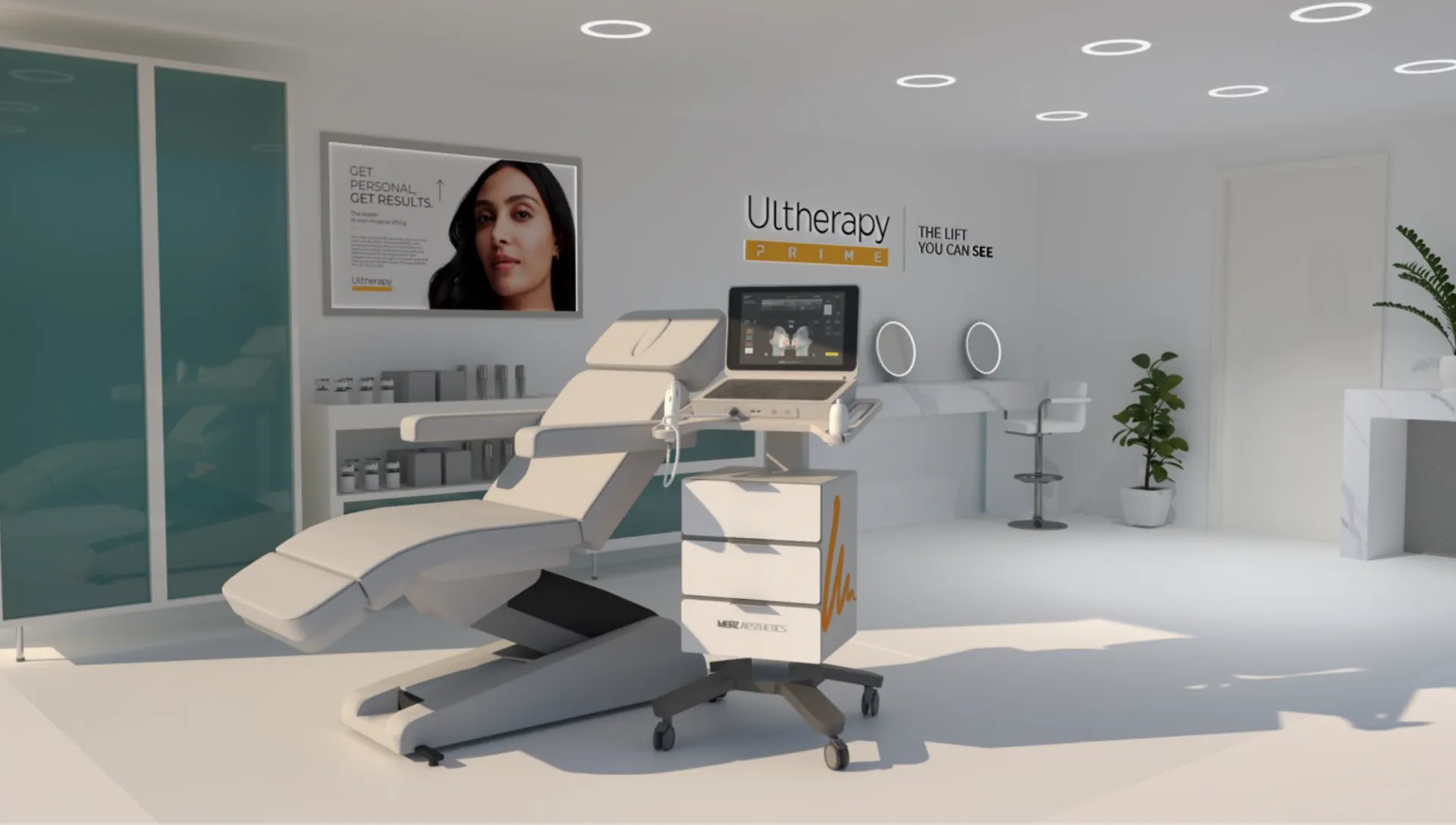Sala de tratamento Ultherapy com o dispositivo Ultherapy PRIME<sup>&reg;</sup> para lifting e firmeza da pele não invasivos.
