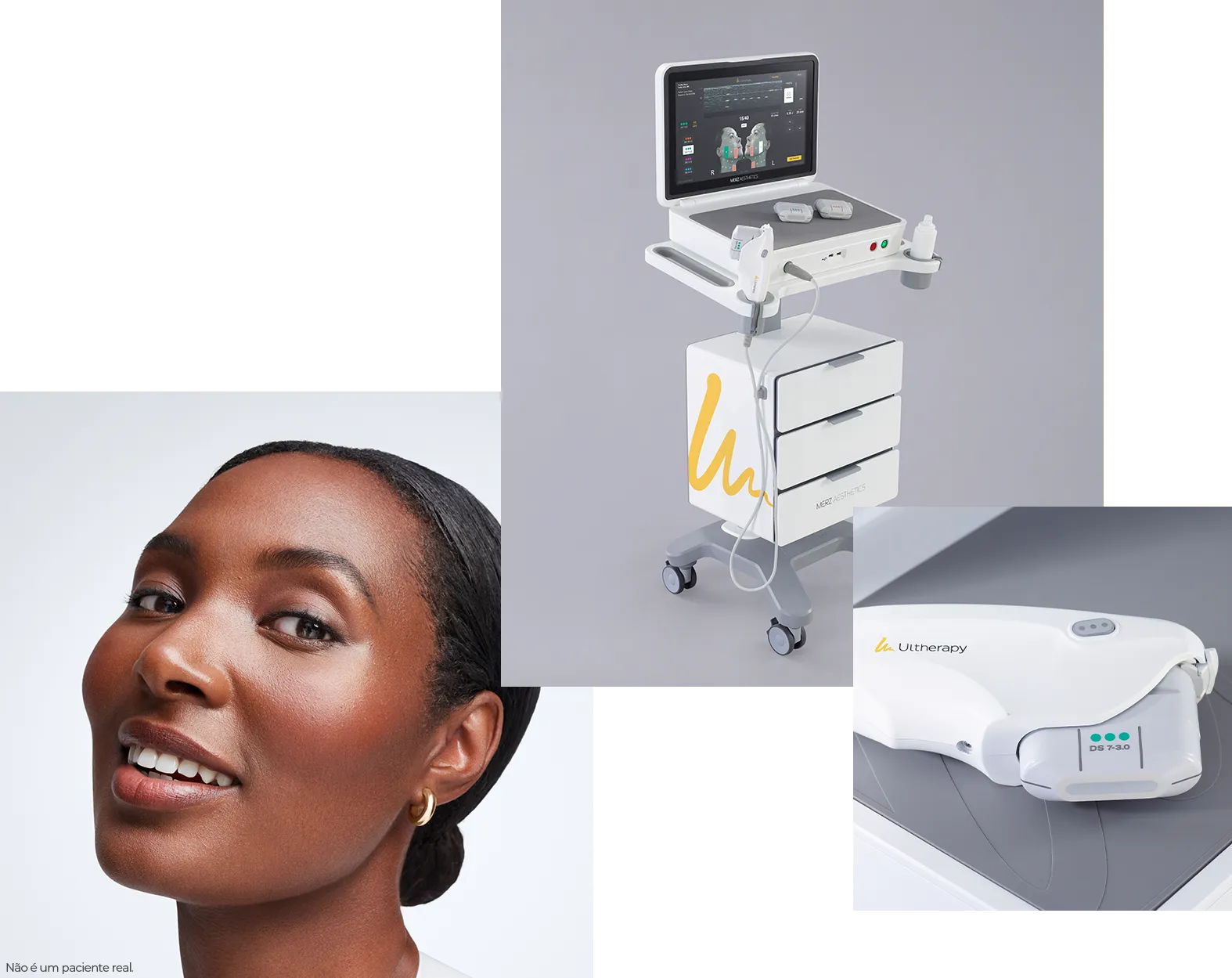 Colagem com uma mulher (não é uma paciente real), o dispositivo Ultherapy PRIME<sup>&reg;</sup> e sua peça de mão.