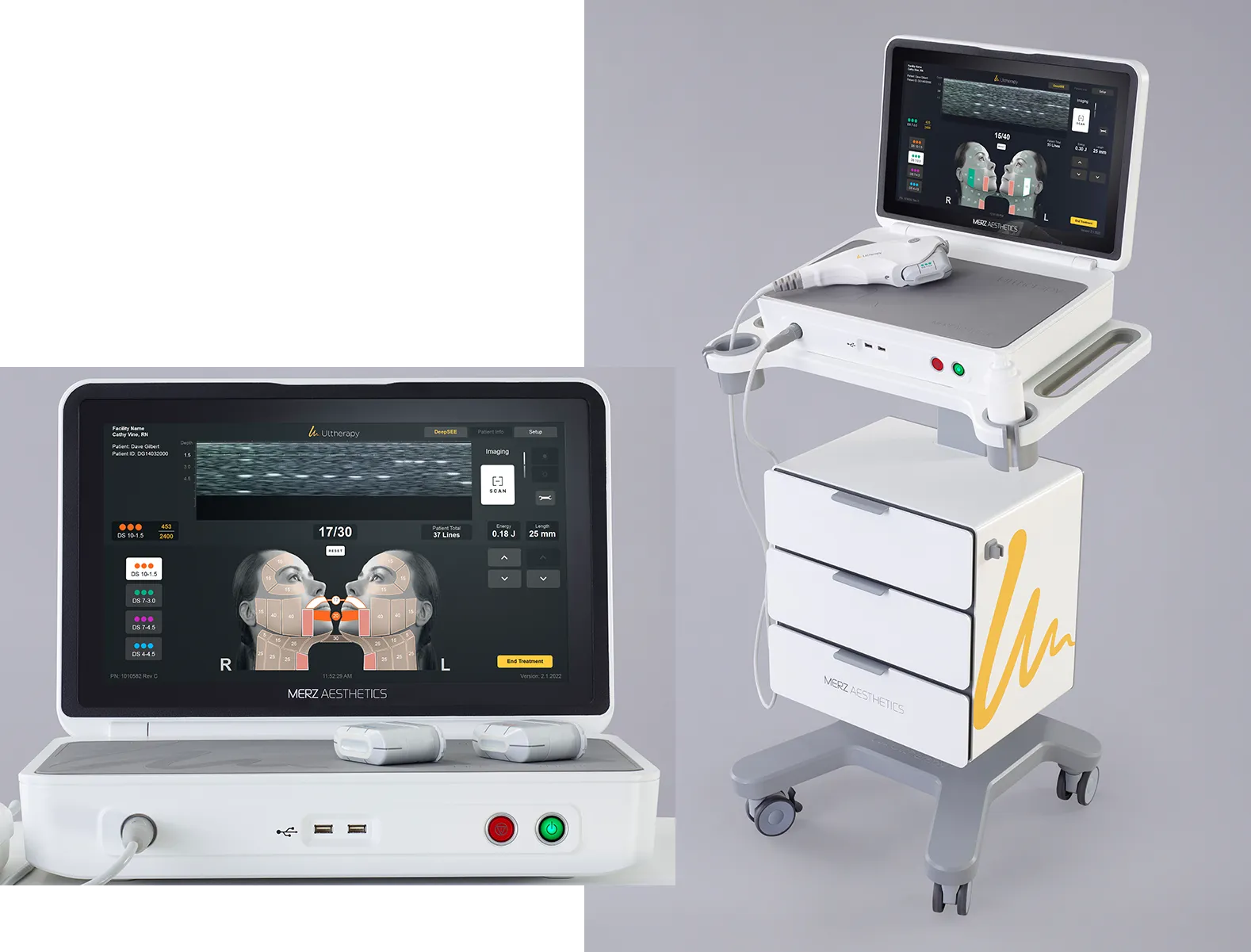 Unidade de controle do Ultherapy PRIME® com o sistema completo e close-up de sua tela avançada de visualização.