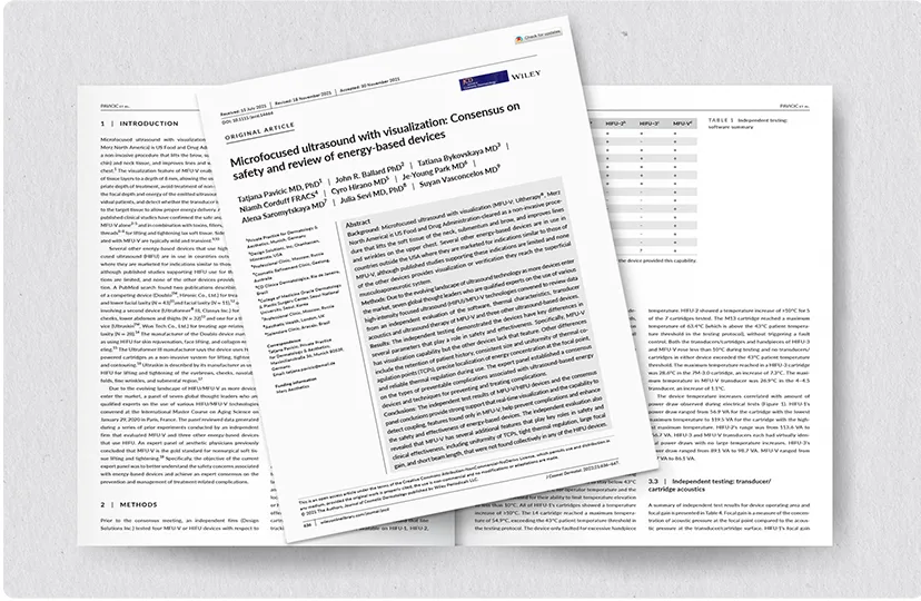 Artigo de pesquisa sobre a imagem em tempo real do Ultherapy PRIME<sup>&reg;</sup> para um lifting de pele não invasivo mais seguro e eficaz.